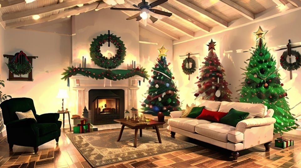 Christmas tree big, chimney, comfy lovely living room with Christmas decorations, wooden_floor, many gifts, many sofas, old money, nighttime 