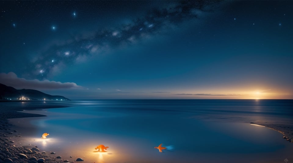 dark blue sea in night with a one single bright slim small goldfish in the left, calm, art paiting