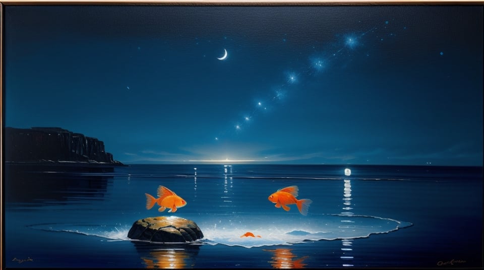 the deep dark blue sea in night with a one single bright slim small goldfish in the left of the paiting, art paiting, oil painting 