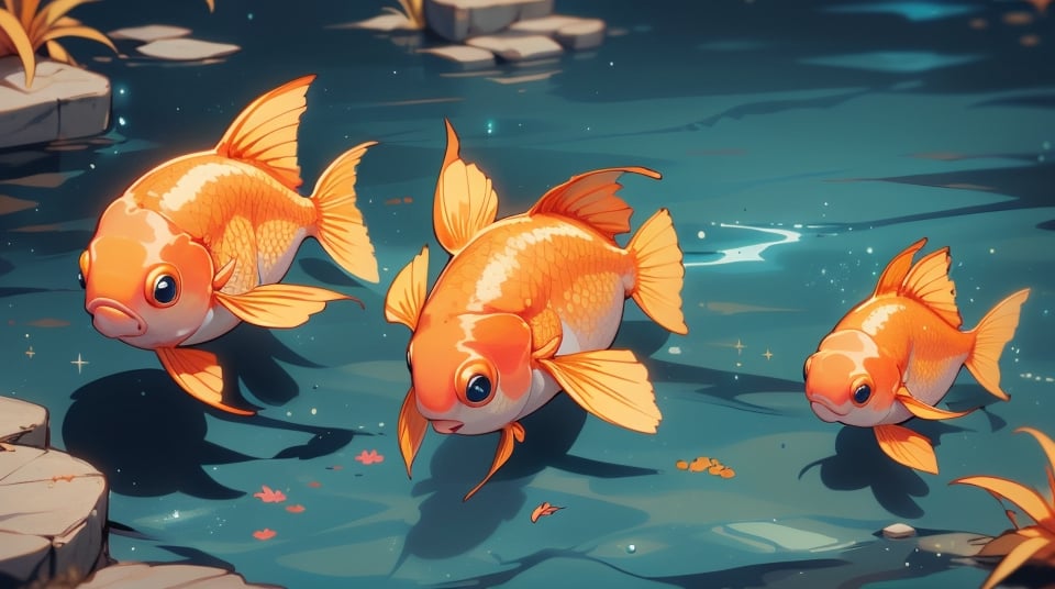 small bright orange goldfish in the shadow dark sea