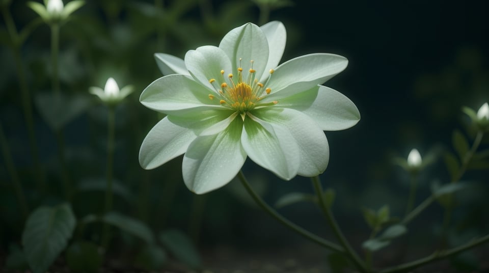 misterios glowing flower in the darkness, 4D, 8k, opaque everything else