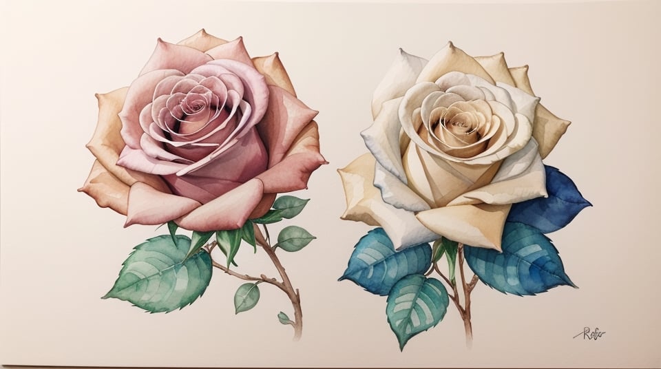 white paper with watercolours, light pink roses growing on the left side aspiring to be taller but short, few colours, raffinate, elegant, sinuous