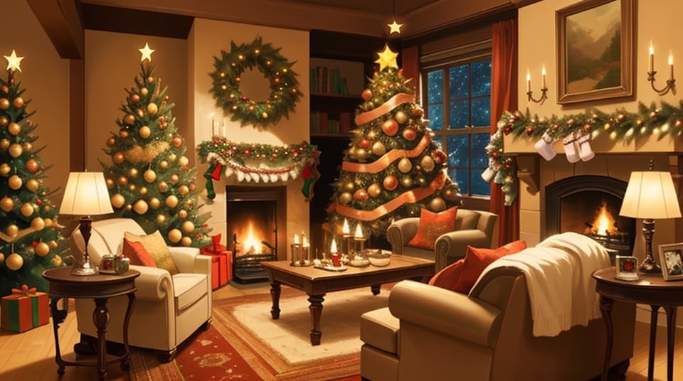 christmas tree warm enviromnent, big, chimney, wood, lovely living room decorated with christmas decorations