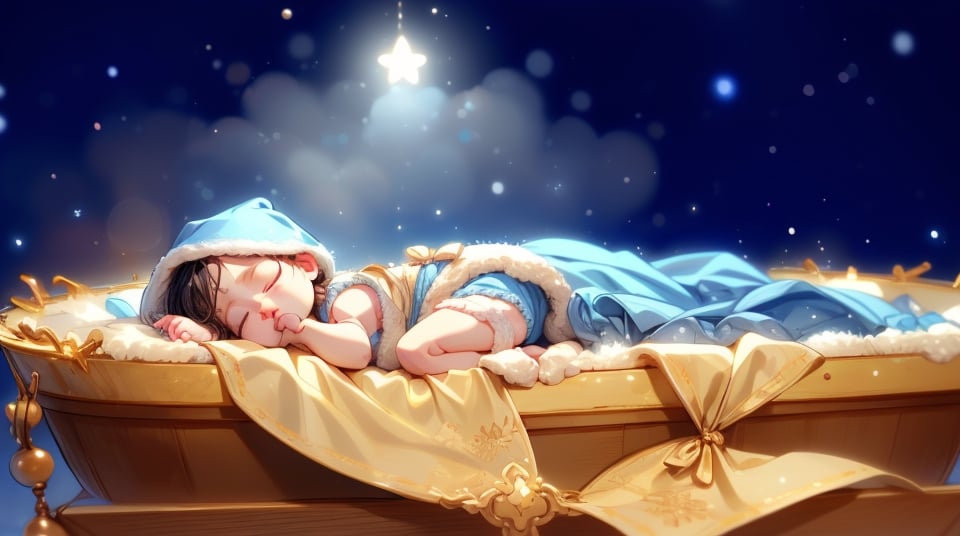 little newborn baby sleeping in a manger, winter