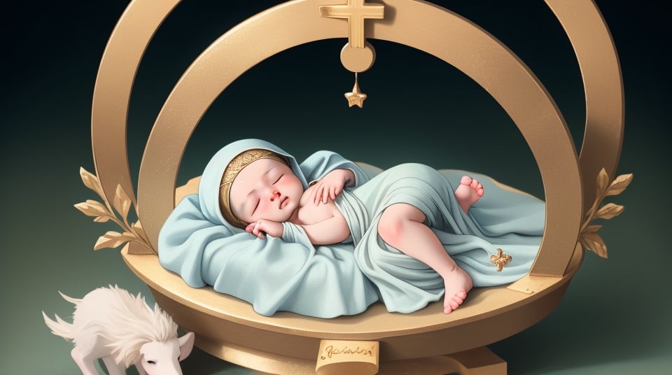 an image of baby Jesus with closed eyes, just born in a humble manger amidst the cold. Describe the scene with simplicity, focusing on the serene depiction of the newborn in the modest and chilly surroundings.