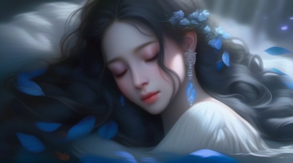 This image features a serene portrayal of a young woman with a delicate, ethereal appearance, sleeping peacefully. Her hair flows around her like a dark, silken river, adorned with subtle, shimmering accessories that suggest a touch of fantasy or ancient elegance. Her serene expression and the soft, muted colors used in the artwork evoke a sense of tranquility and otherworldly beauty. This scene might inspire narratives set in a mystical realm or stories of characters with hidden depths and magical origins. ultra detailed, 8k, clear