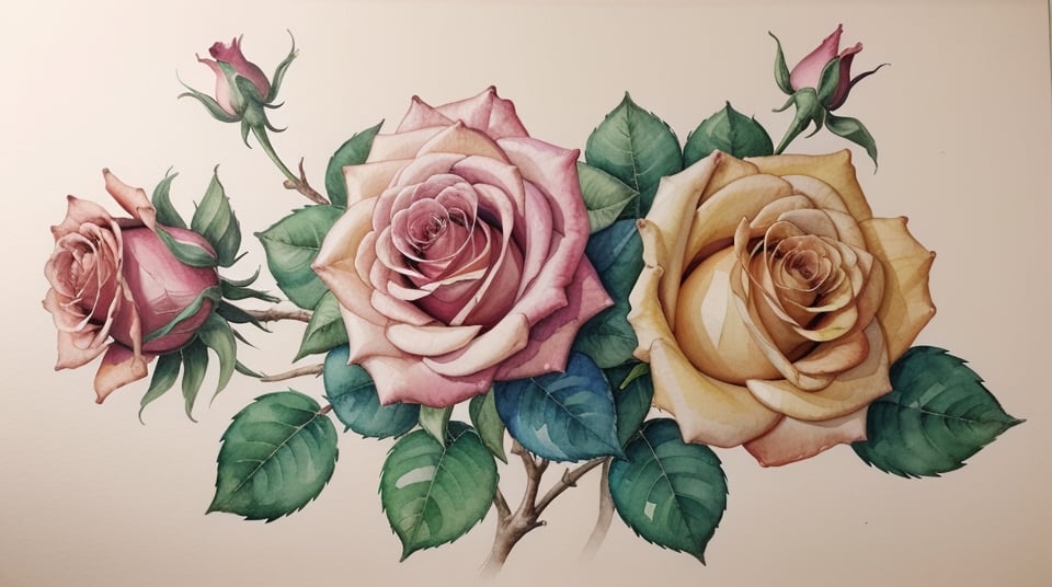 watercolours, light pink roses growing on the left side aspiring to be taller but short, few colours, raffinate, elegant, sinuous