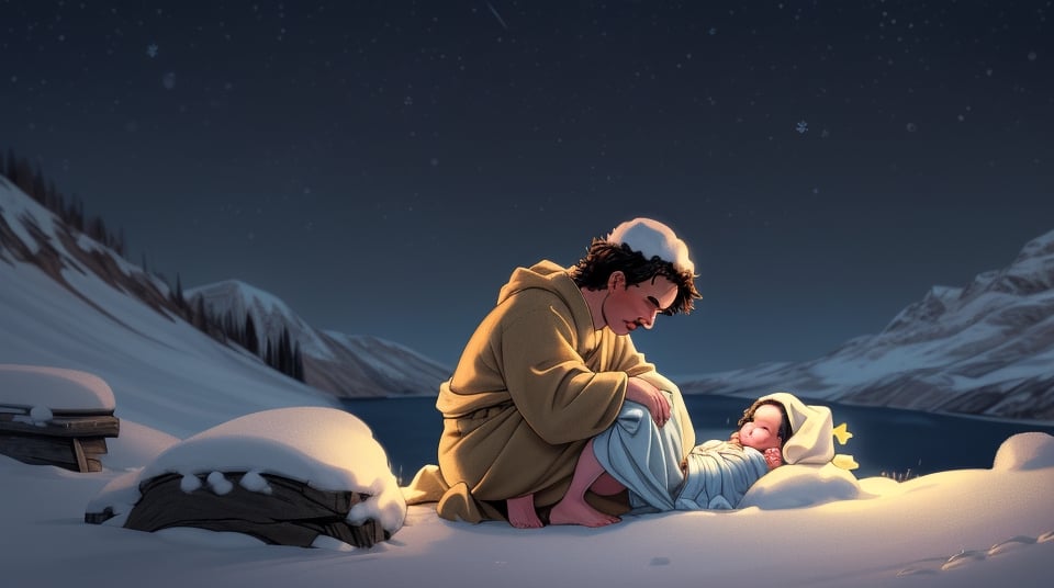 Illustrate the manger scene with a backdrop of a cold winter night, emphasizing the humble and impoverished environment where baby Jesus is lying with closed eyes. Highlight the contrast between the harsh surroundings and the warmth emanating from the newborn, symbolizing hope and resilience in the midst of adversity.