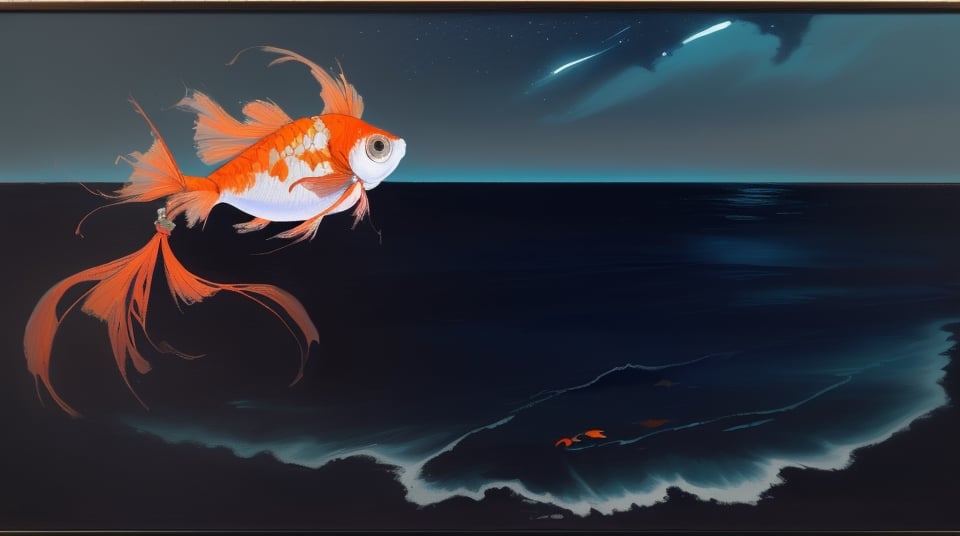 the deep of a dark blue or black sea in night with one single slim small shining goldfish in the left of the paiting, art paiting, oil painting, pastel