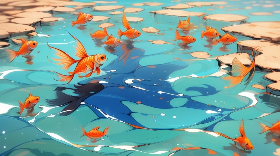 one single slim small goldfish in the left of a shadowy dark blue water, absolutely nothing else 