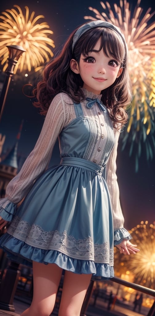 girl, disneyland, fireworks, masterpiece, happy smile, soft contrast, pastel colour