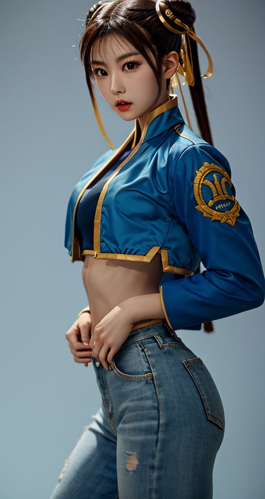 chun li, wearing blue unbuttoned sport jacket,