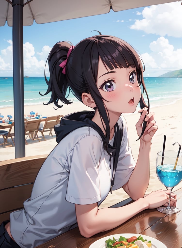 1 girl, beach restaurant, pastel colour, sora, funny face