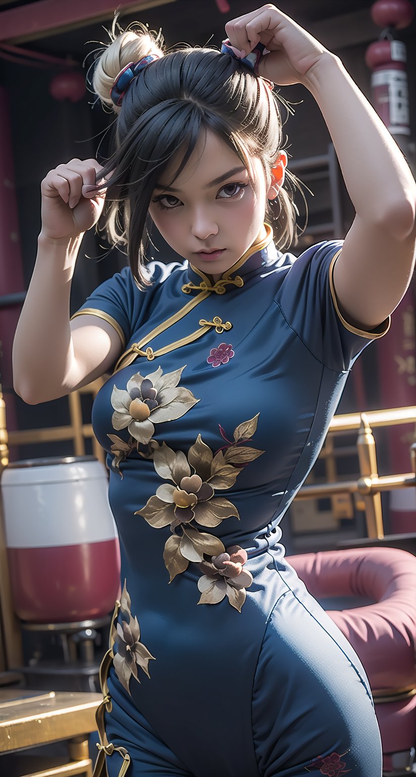 masterpiece,best quality,ultra-detailed,Long blue cheongsam, detailed face, fight pose