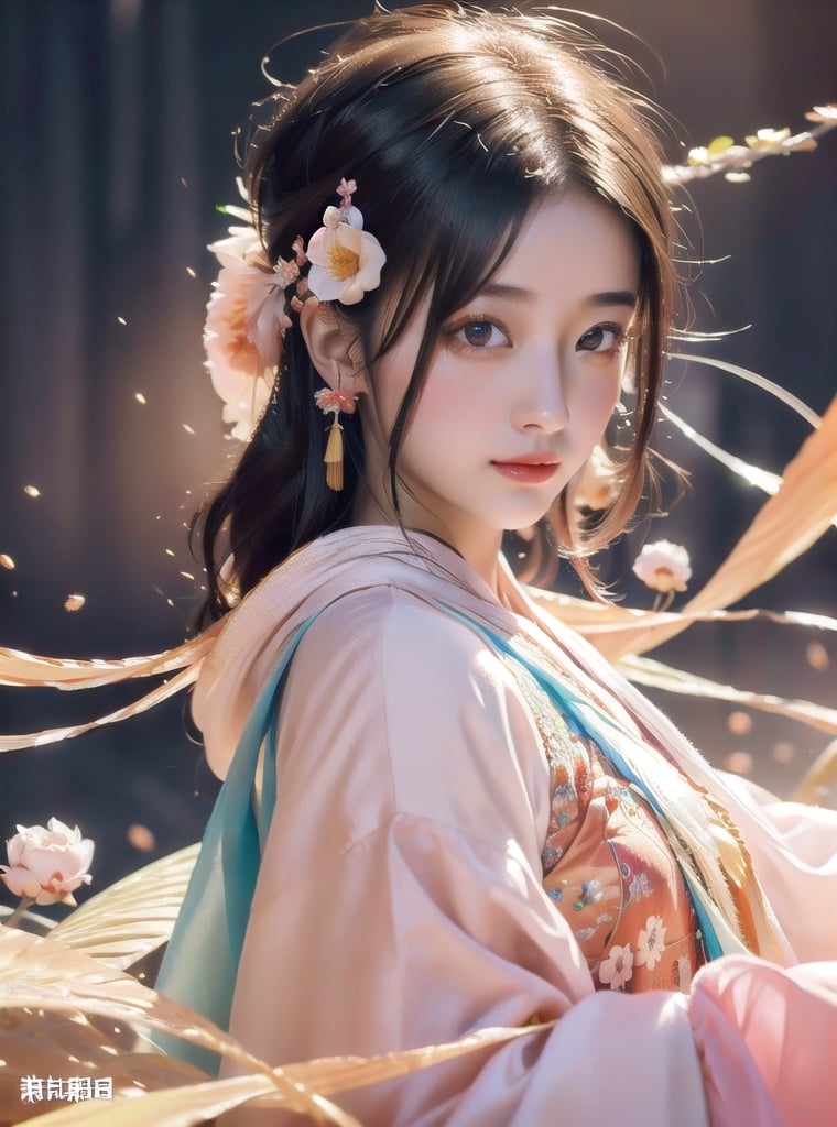 (masterpiece, top quality, best quality, official art, beautiful and aesthetic:1.2), (1girl), extreme detailed,(abstract, fractal art:1.3),colorful hair,highest detailed, detailed_eyes, light_particles, hanfu,jewelry, sexy