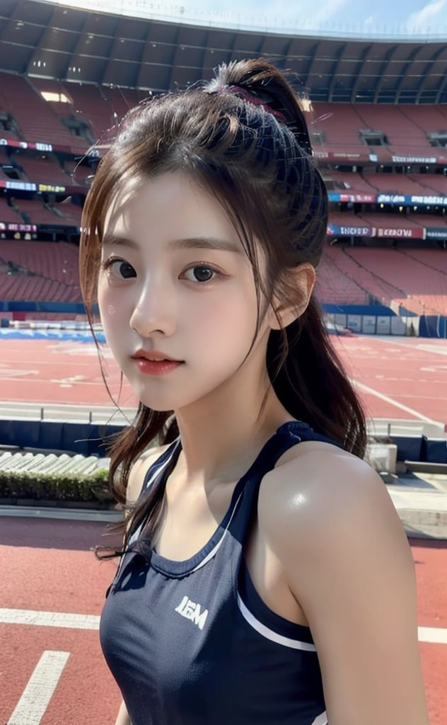 masterpiece, best quality, 1 girl, solo,preteen, pom pom, stadium, jogging, beautiful detailed eyes, black hair, Korean, ,sexy_cheerleader