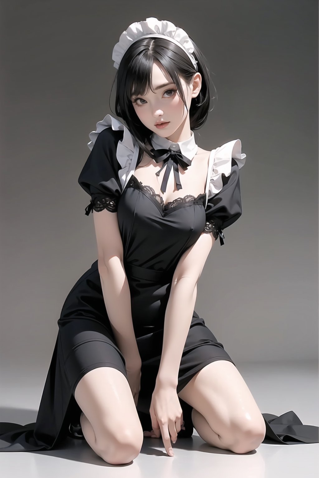 solo,((bishoujo)),(Victoria black maid dress),Realism,kneeling,(Random_background),