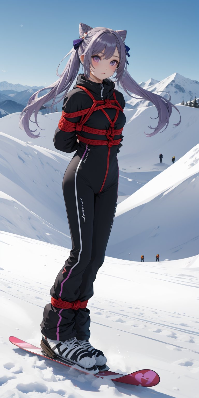 (masterpiece), best quality, ultra-detailed, illustration, kawaii style pastel colors, kawaii, cute colors, keqing (genshin impact), ((snboarding)), shibari bondage snowboarding, arms bent behind back bound, shibari over clothes, rope, bondage, hair bun, purple hair, twintails, purple eyes, diamond-shaped pupils, hair ornament, cone hair bun, long hair, double bun, bangs, bow, hair flower, hair bow, hair ribbon, , alternate costume, bodysuit, winter sports bodysuit, zipper, jacket, long sleeves, insulated pants, black gloves, goggles, goggles on head, ((snowboard)), dynamic pose, focused, looking forward, 1snowboard, from afar, winter, snow, mountain, sky, day,medium_breast_bondage