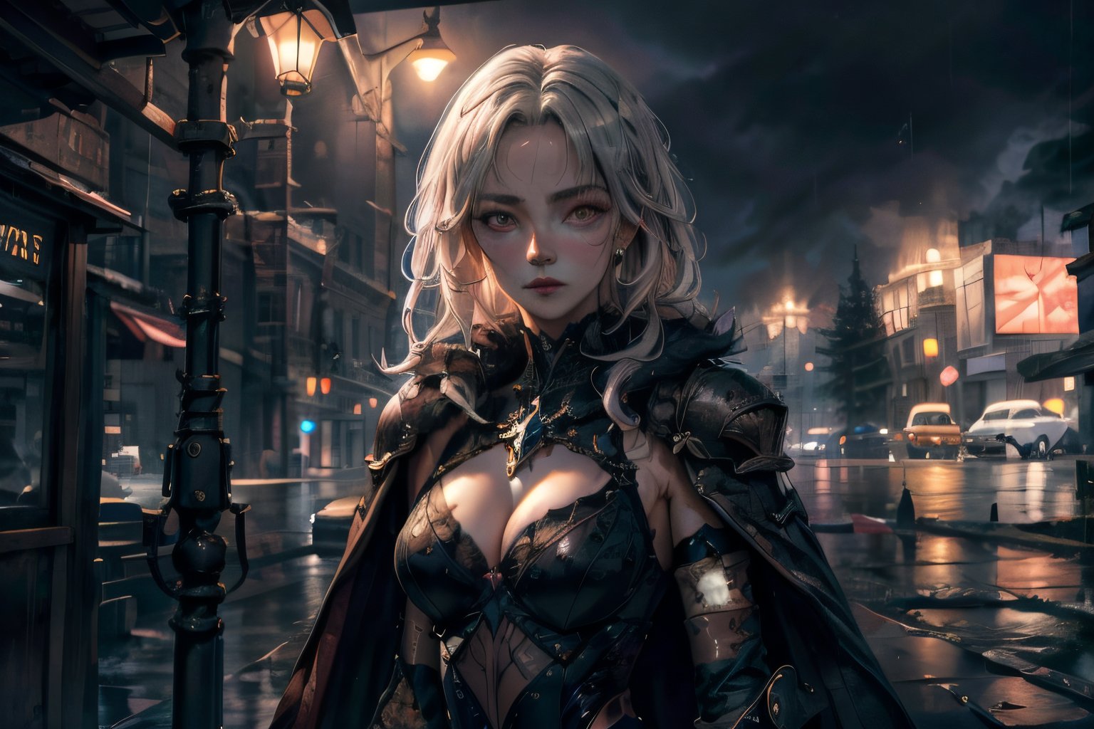 Cleavage, Lit from the front, on  a rainy day, in bus stop ,in fantasy world, dramatic theme, dramatic weather, dark theme ,Realism,detailed face ,ultra clear face ,sharp image , ultra clearn image and body ,detailed eyes detailed nose detailed lips 