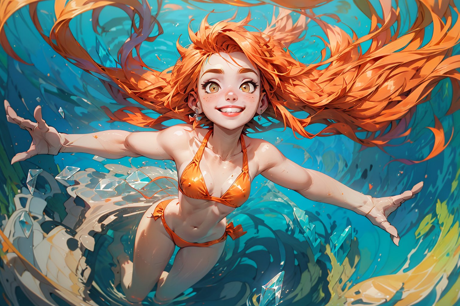 (((Perfect hands))), Solo, full body, floating on back, swimsuit, floating in a crystal clear lake,slight smile, full lips , masterpiece, best quality, 1girl, flat color, lineart, blue and orange  theme, rule of thirds, shot from above, perfect_hands