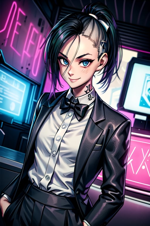 tattoos, ponytail, black suit, white shirt, bow tie, neon light, fancy, smile, future clothing,