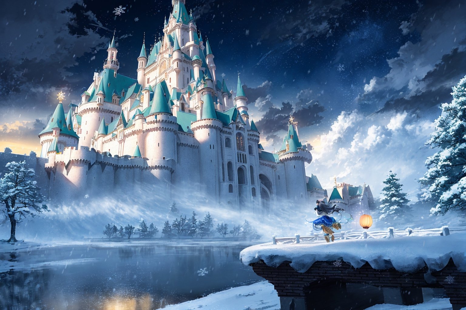 "Generate a mesmerizing scene set in a fantasy world amidst a powerful snowstorm, where a majestic and ancient castle emerges from the swirling white abyss. The castle, weathered by time, stands as a testament to an era long past, its spires and turrets shrouded in an ethereal mist. The snowflakes, like tiny diamonds, dance in the air, illuminated by the soft glow of flickering lanterns lining the castle walls. Amidst the enchanting chaos of the storm, capture the delicate yet vibrant presence of fairies fluttering about, their iridescent wings reflecting the castle's warm light. Employ advanced depth-of-field techniques to bring focus to the intricate details of the castle's architecture while allowing the fairies to be captured in a gentle, dreamlike blur, accentuating their otherworldly nature. In the foreground, incorporate the graceful figures of elves, draped in flowing robes, as they traverse a stone bridge over an icy moat. Utilize a slow shutter speed to emphasize the swirling snowflakes' motion, creating a sense of movement and dynamism. Employ the rule of thirds to compose the image, positioning the castle slightly off-center to evoke a feeling of grandeur and mystery. Experiment with exposure settings to ensure the interplay between light and shadow is balanced, highlighting the castle's intricate textures while retaining the atmospheric ambiance of the storm. Enhance the image's color palette to emphasize the contrast between the cold, bluish tones of the snowstorm and the warm, golden hues radiating from the castle's windows. Capture this enchanting moment in a single frame, where the convergence of natural elements and mythical beings blurs the lines between reality and fantasy, inviting the viewer to embark on a visual journey into a world of magic and wonder."