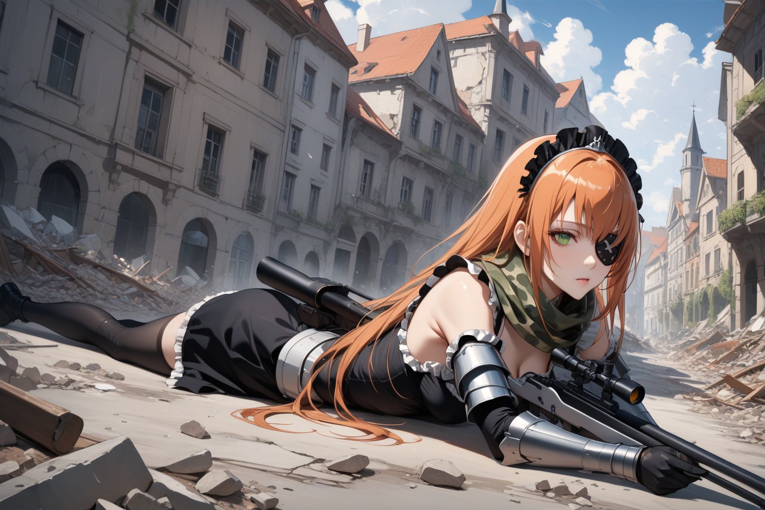 score_9, score_8_up, score_7_up, score_6_up, source_anime, masterpiece, best quality, ultra-detailed, highres, absurdres, Expressiveh, 
1girl, solo, cz2128_delta \(overlord\), 1girl, long hair, green eyes, orange hair, eyepatch, 
maid, maid headdress, camouflage, green scarf, gloves, dress, boots, armor, gun, 
collapsed medieval European city centres, rubble, outdoors, 
sniper girl, lying, on stomach, rifle, holding rifle, sniperrifle, AIM, 