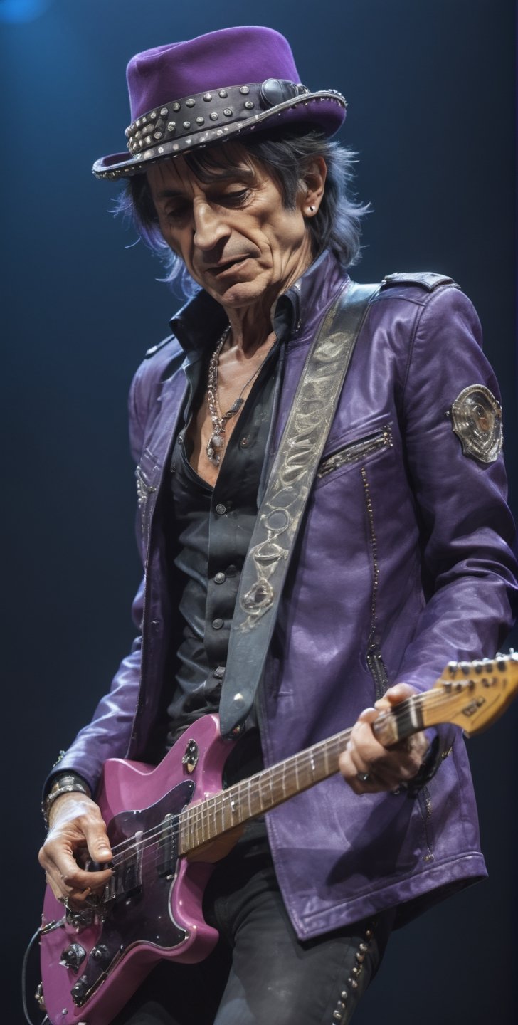 Glass made ultra Detailed translucent,   Ron Wood wearing purple jacket, studded hat,
dancing  Ron Wood, in LIVE STAGE, playing guitar,

,cyberpunk style,cyberpunk