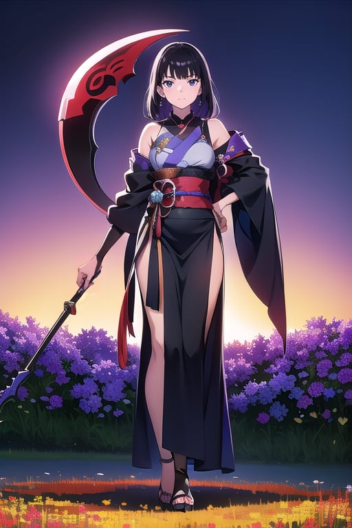 raiden shogun, flower field, purple eyes, black hair, full body,make pose, using scythe in hands