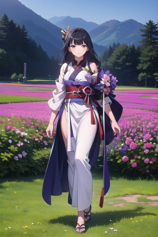 raiden shogun, flower field, purple eyes, black hair, full body