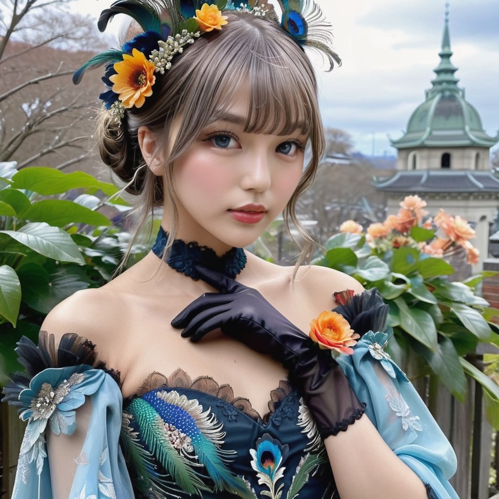 ((Masterpiece), (best quality), (highly detailed)), A beautiful peacock feather dress adorns a young girl standing elegantly in a cowboy shot. She wears elbow gloves while holding a flower in one hand and her other hand rests gracefully on her hip. She looks directly at the viewer with her stunning blue eyes, a hair ornament accenting her single hair bun. Her dress is intricately detailed, revealing bare shoulders and complimented by black gloves. Her long dress flows to the ground while her bangs and grey hair frame her face. The scene is reminiscent of the mucha art style with exquisite attention to detail.,detailmaster2,tadai_mahiro