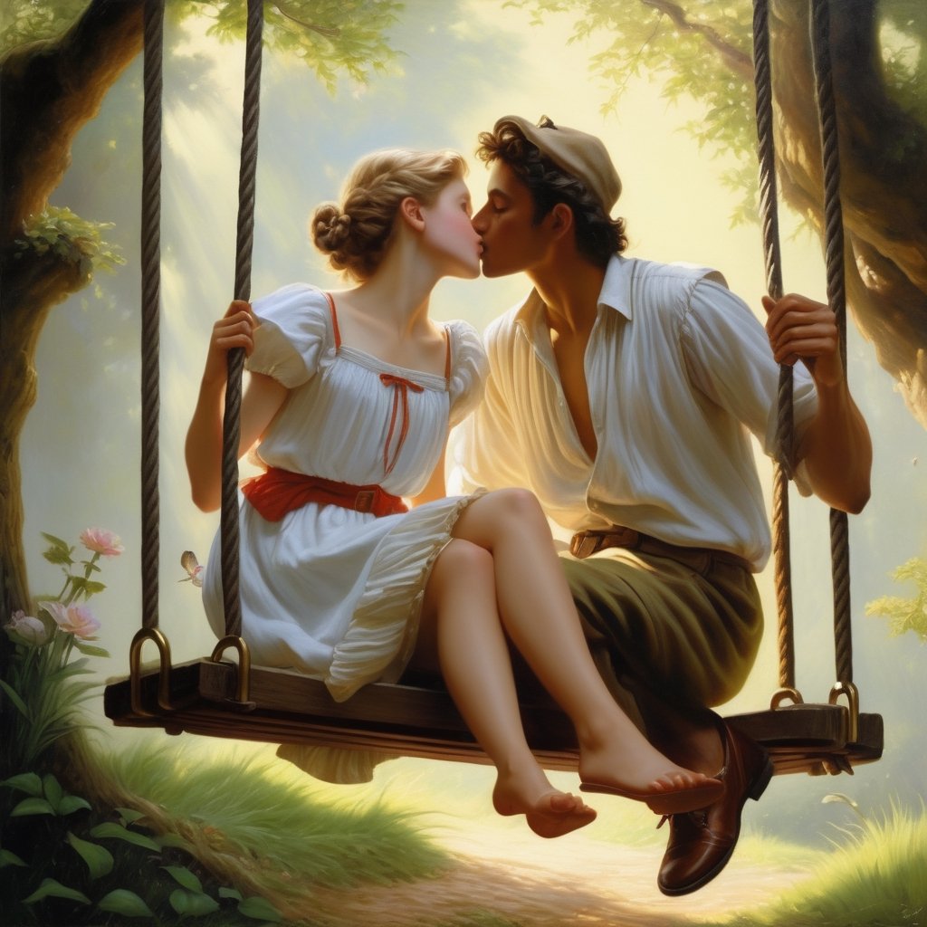 ((Masterpiece), (best quality), (highly detailed)), A hyperrealistic oil painting depicting a charming scene of a man and a woman on a swing. The painting captures the subtle movements and expressions of the subjects, showcasing the talents of the artist. It resembles the style of Pierre Auguste Cot's famous work "Peasant Boy and Girl First Kiss," with intricate attention to detail and a touch of fantasy. The artwork has gained popularity on CG Society and has been admired for its stunning realism. The painting is illuminated with an uplight, enhancing the intricate brushwork and highlighting the captivating colors. 