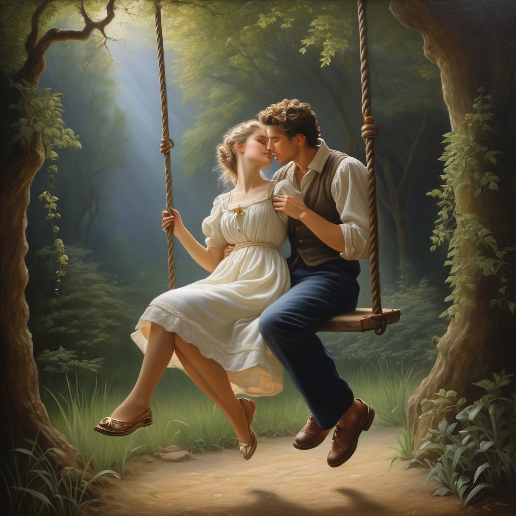 ((Masterpiece), (best quality), (highly detailed)), A hyperrealistic oil painting depicting a charming scene of a man and a woman on a swing. The painting captures the subtle movements and expressions of the subjects, showcasing the talents of the artist. It resembles the style of Pierre Auguste Cot's famous work "Peasant Boy and Girl First Kiss," with intricate attention to detail and a touch of fantasy. The artwork has gained popularity on CG Society and has been admired for its stunning realism. The painting is illuminated with an uplight, enhancing the intricate brushwork and highlighting the captivating colors. 