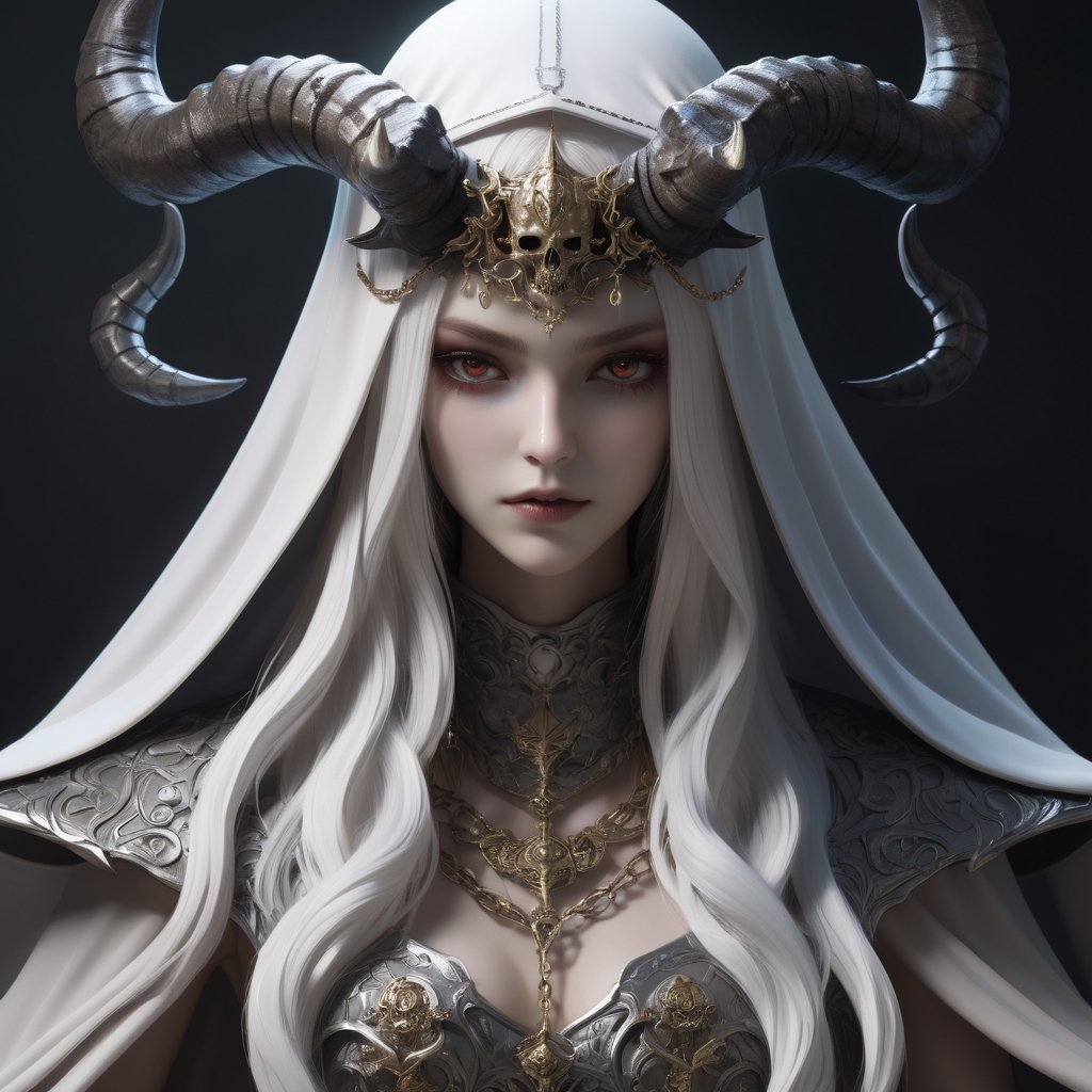 ((Masterpiece), (best quality), (highly detailed)), A mysterious skull-faced creature with menacing horns and a flowing cape stands tall, its eyes glowing with an eerie light. It chains up a delicate girl with long flowing white hair, their contrasting appearances creating a sense of tension. The scene is meticulously rendered, with each chain intricately designed and shadows expertly crafted to add depth and intensity to the image.