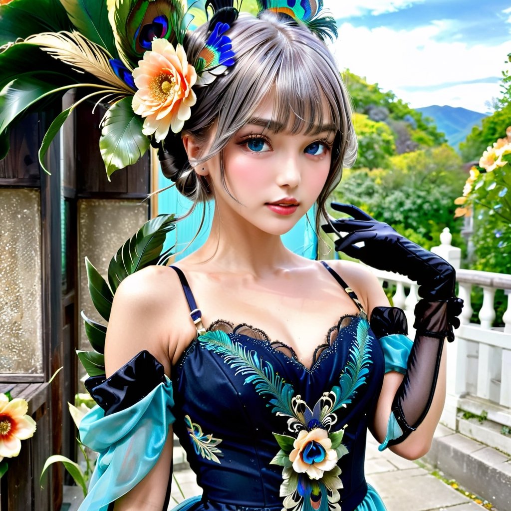 ((Masterpiece), (best quality), (highly detailed)), A beautiful peacock feather dress adorns a young girl standing elegantly in a cowboy shot. She wears elbow gloves while holding a flower in one hand and her other hand rests gracefully on her hip. She looks directly at the viewer with her stunning blue eyes, a hair ornament accenting her single hair bun. Her dress is intricately detailed, revealing bare shoulders and complimented by black gloves. Her long dress flows to the ground while her bangs and grey hair frame her face. The scene is reminiscent of the mucha art style with exquisite attention to detail.,detailmaster2,tadai_mahiro