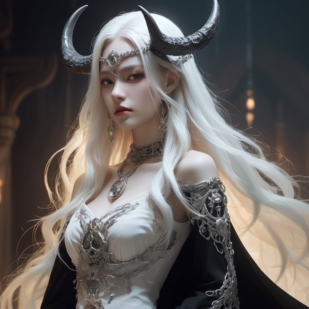 ((Masterpiece), (best quality), (highly detailed)), A mysterious skull-faced creature with menacing horns and a flowing cape stands tall, its eyes glowing with an eerie light. It chains up a delicate girl with long flowing white hair, their contrasting appearances creating a sense of tension. The scene is meticulously rendered, with each chain intricately designed and shadows expertly crafted to add depth and intensity to the image.