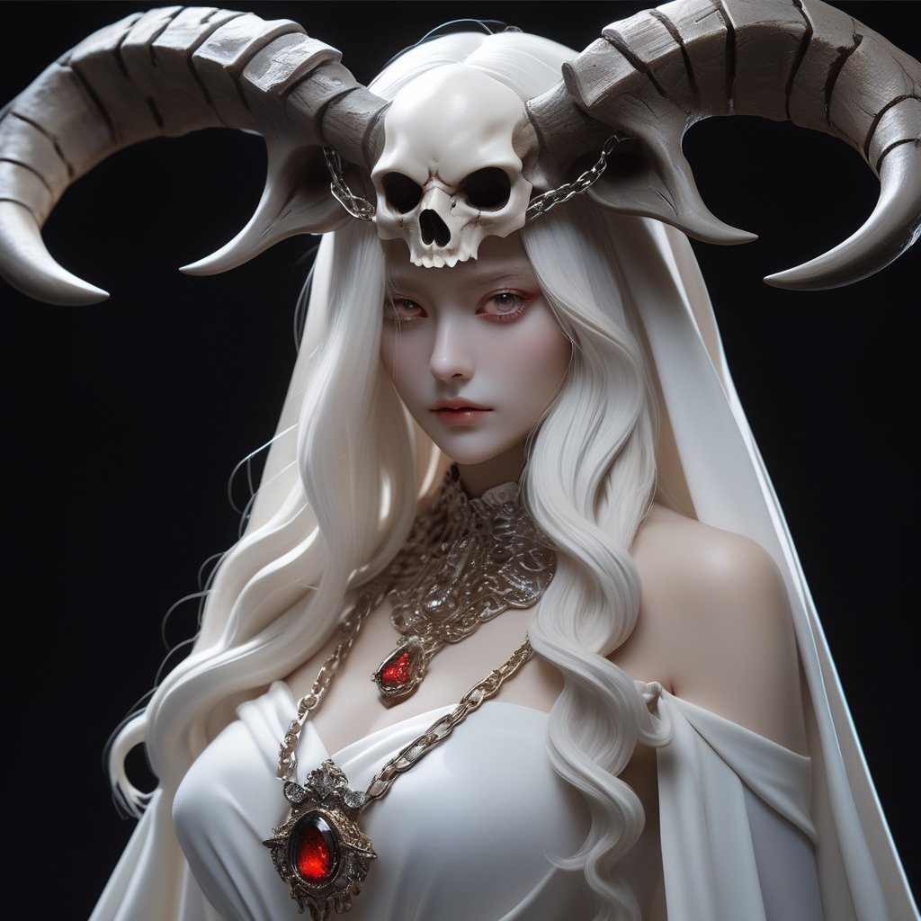 ((Masterpiece), (best quality), (highly detailed)), A mysterious skull-faced creature with menacing horns and a flowing cape stands tall, its eyes glowing with an eerie light. It chains up a delicate girl with long flowing white hair, their contrasting appearances creating a sense of tension. The scene is meticulously rendered, with each chain intricately designed and shadows expertly crafted to add depth and intensity to the image.