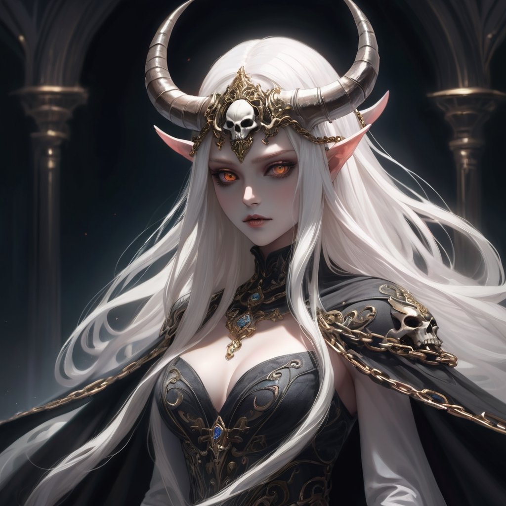 ((Masterpiece), (best quality), (highly detailed)), A mysterious skull-faced creature with menacing horns and a flowing cape stands tall, its eyes glowing with an eerie light. It chains up a delicate girl with long flowing white hair, their contrasting appearances creating a sense of tension. The scene is meticulously rendered, with each chain intricately designed and shadows expertly crafted to add depth and intensity to the image.