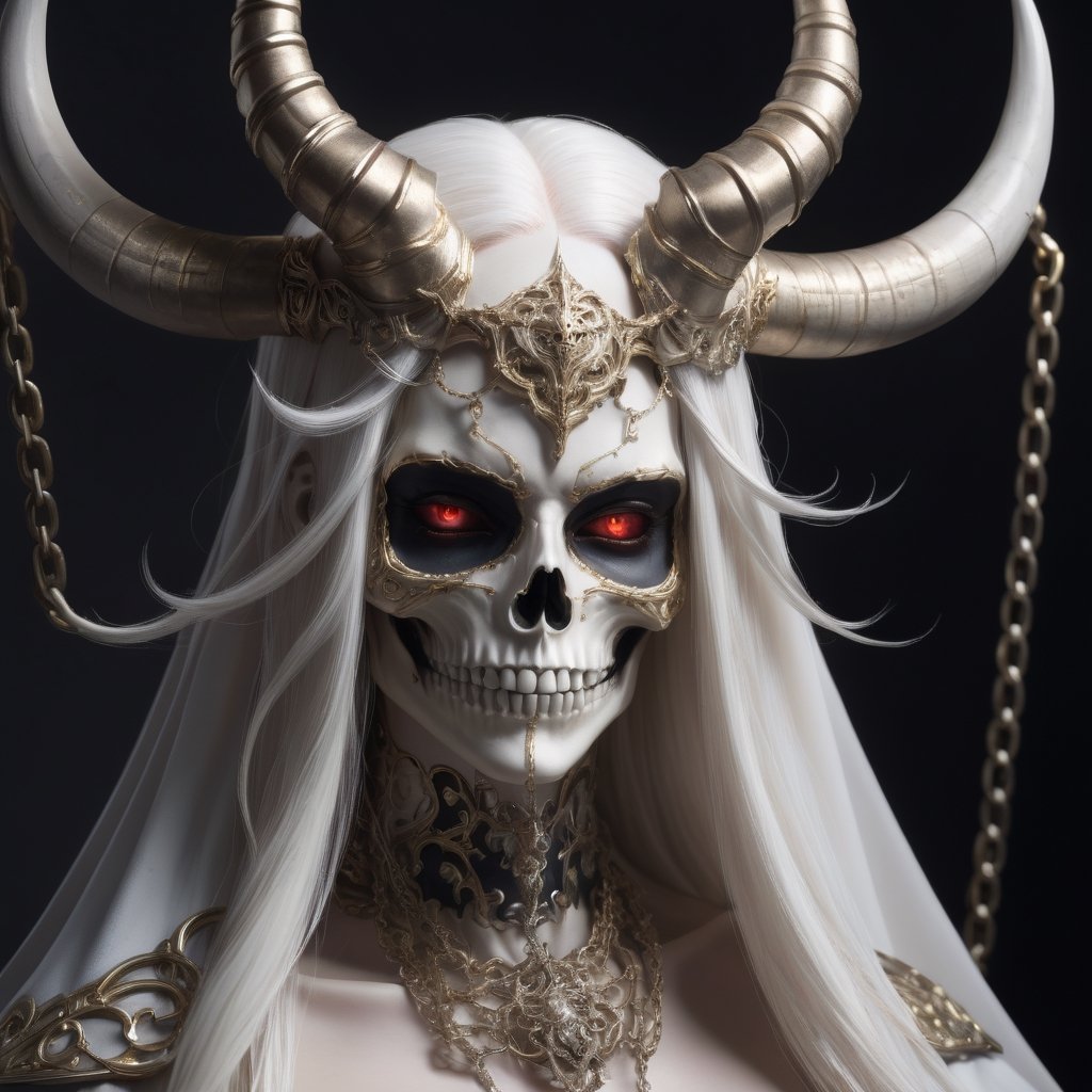 ((Masterpiece), (best quality), (highly detailed)), A mysterious skull-faced creature with menacing horns and a flowing cape stands tall, its eyes glowing with an eerie light. It chains up a delicate girl with long flowing white hair, their contrasting appearances creating a sense of tension. The scene is meticulously rendered, with each chain intricately designed and shadows expertly crafted to add depth and intensity to the image.