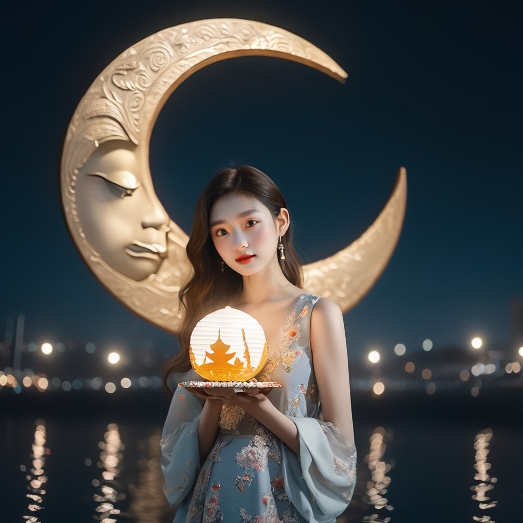 ((masterpiece), (best quality), (highly detailed)), A stunning 8k RAW photo, capturing the beauty of a solo girl on a serene night. The girl, with a lovely delicate face, is dressed in a floral dress, standing against a night background adorned with an oversized white moon. The photo showcases clear shadows and an absurd level of detail, with the girl gently holding a moon cake in her hand. The depth of field adds an enchanting touch to the composition, FilmGirl,FilmGirl