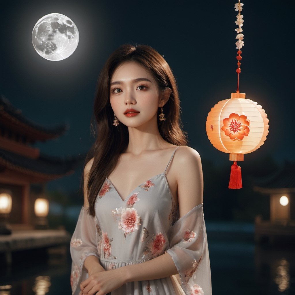 ((masterpiece), (best quality), (highly detailed)), A stunning 8k RAW photo, capturing the beauty of a solo girl on a serene night. The girl, with a lovely delicate face, is dressed in a floral dress, standing against a night background adorned with an oversized white moon. The photo showcases clear shadows and an absurd level of detail, with the girl gently holding a moon cake in her hand. The depth of field adds an enchanting touch to the composition, FilmGirl,FilmGirl