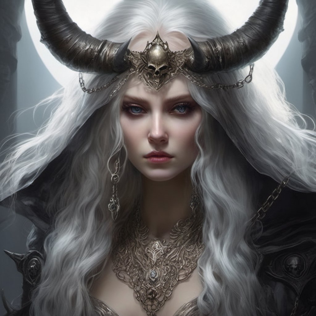 ((Masterpiece), (best quality), (highly detailed)), A mysterious skull-faced creature with menacing horns and a flowing cape stands tall, its eyes glowing with an eerie light. It chains up a delicate girl with long flowing white hair, their contrasting appearances creating a sense of tension. The scene is meticulously rendered, with each chain intricately designed and shadows expertly crafted to add depth and intensity to the image.