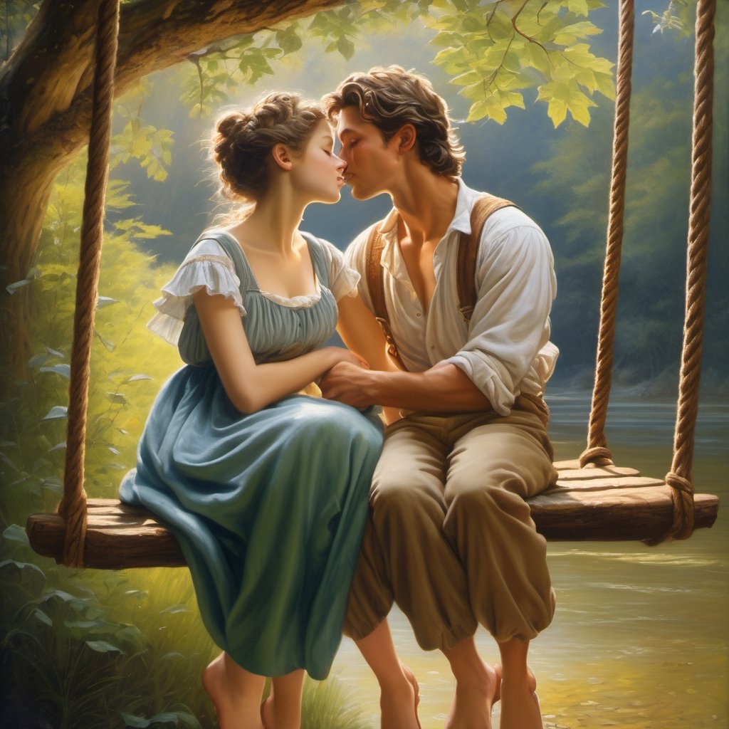 ((Masterpiece), (best quality), (highly detailed)), A hyperrealistic oil painting depicting a charming scene of a man and a woman on a swing. The painting captures the subtle movements and expressions of the subjects, showcasing the talents of the artist. It resembles the style of Pierre Auguste Cot's famous work "Peasant Boy and Girl First Kiss," with intricate attention to detail and a touch of fantasy. The artwork has gained popularity on CG Society and has been admired for its stunning realism. The painting is illuminated with an uplight, enhancing the intricate brushwork and highlighting the captivating colors. 