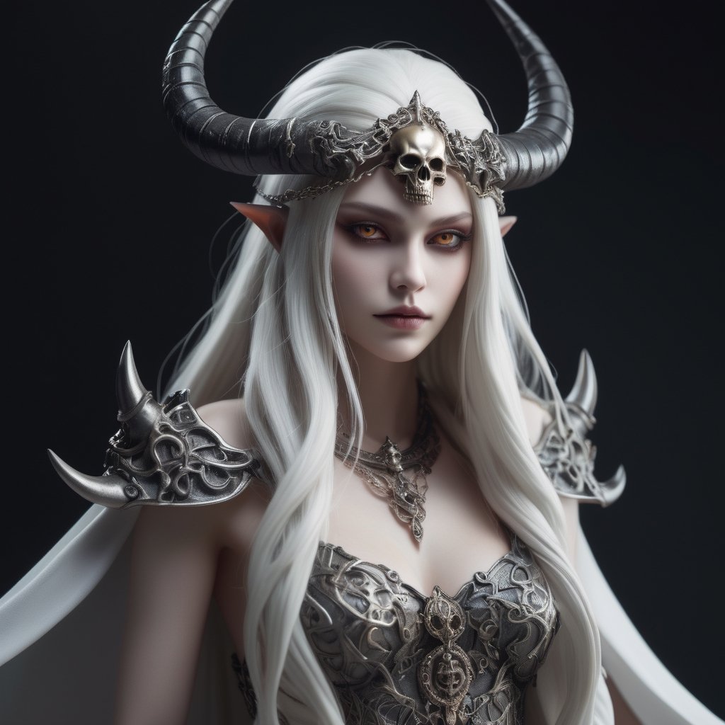 ((Masterpiece), (best quality), (highly detailed)), A mysterious skull-faced creature with menacing horns and a flowing cape stands tall, its eyes glowing with an eerie light. It chains up a delicate girl with long flowing white hair, their contrasting appearances creating a sense of tension. The scene is meticulously rendered, with each chain intricately designed and shadows expertly crafted to add depth and intensity to the image.