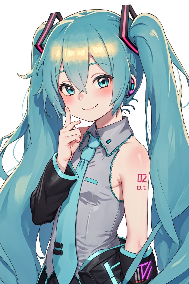 1girl,hatsune miku,upper_body, v over eye,smile