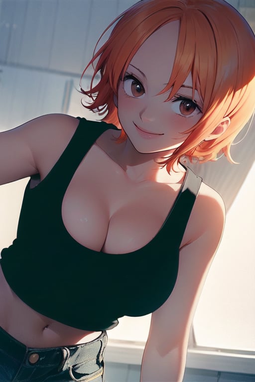 

1girl, solo, breasts,  
bangs,

 sleeveless, 
bare arms, short shorts, sleeveless shirt, no bra, sideboob, black shorts, tank top,white  shirt,
 dolphin shorts, white  tank top

boobs,smile, bangs,cleavage,
 ,big breasts, lying, orange hair, orange eyes, blush, smile 
, cleavage, upper body,  
, , nami \(one piece\)
 simple background, white background,


Random angle, side,
,waist,mirham,nami,short hair
Assisted exposure,
concept art,dark theme,Nami-red,nami \(one piece\),opn4m1wcird,namiprets,Eyes,SAM YANG,naminami,Beautiful eyes,nodf_lora,muscle mommy,shtug, short hair,masterpiece,best quality,portrait