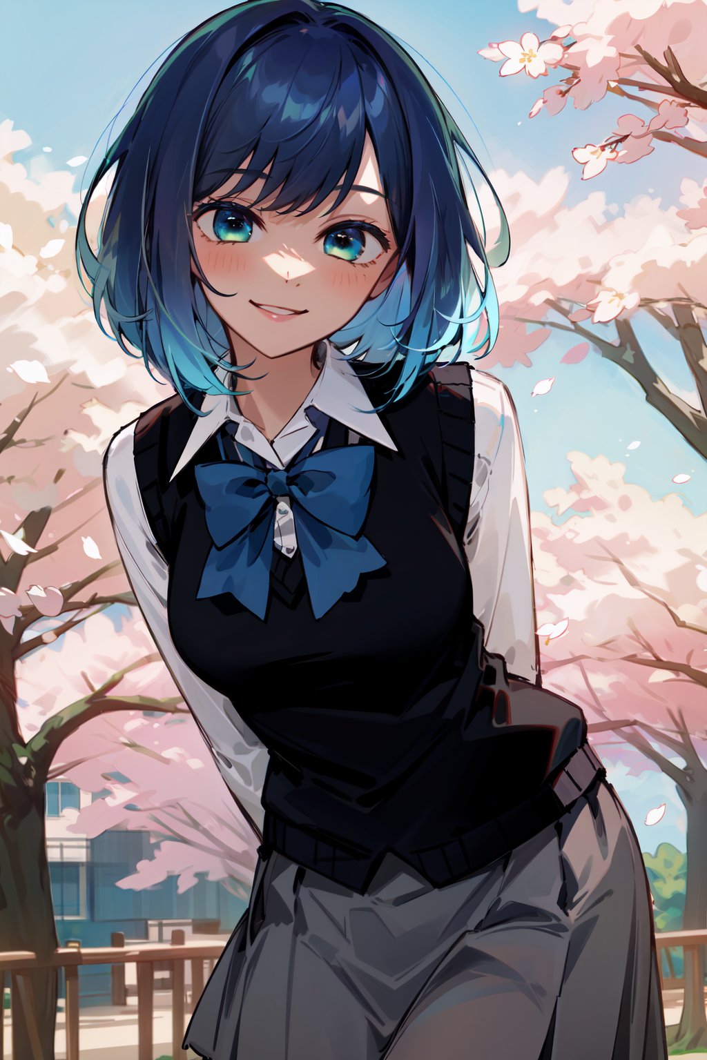 masterpiece, best quality, highres, 1girl, hmakane, blue hair, short hair, gradient hair, medium breasts, blue bowtie, collared shirt, black vest, long sleeves, pleated skirt, grey skirt, , standing, leaning forward, arms behind back, cherry blossoms, smile, cowboy shot