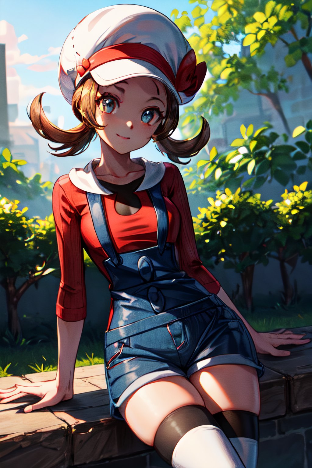 (best quality, masterpiece, ultra quality), 1girl, cute girl, medium hair, straight hair, tall, tan skin, professional-looking, visible forehead, outdoors, bright sunlight, cute smile, ((ly01, overalls, white thighhighs, red bow, red shirt, white headwear, hat bow, eyelashes)), beautiful figure, detailed face, detailed eyes, look at the camera, perfect lighting, UHD, line art, background detailed, intricate details, highly detailed, dynamic light, sitting, 1girl, ly01