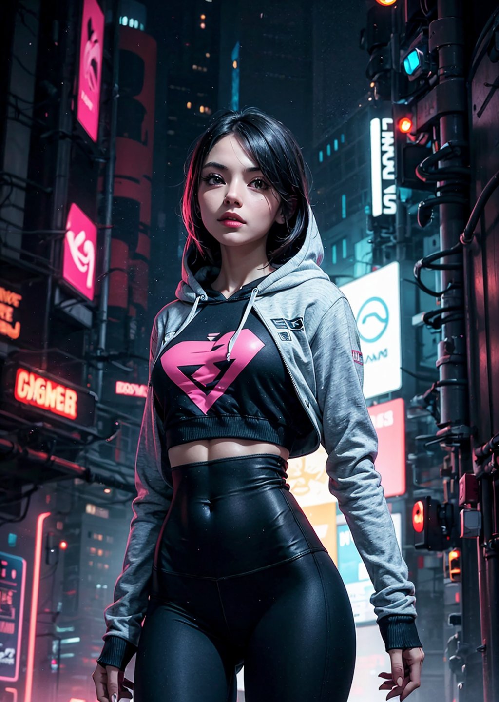 edgNoire,upper body shot,female, woman wearing casual hoodie with logos, sleek designer bodysuit, (cyber leggings:1.1) ,cyberpunk scene ,SHIRT,serena