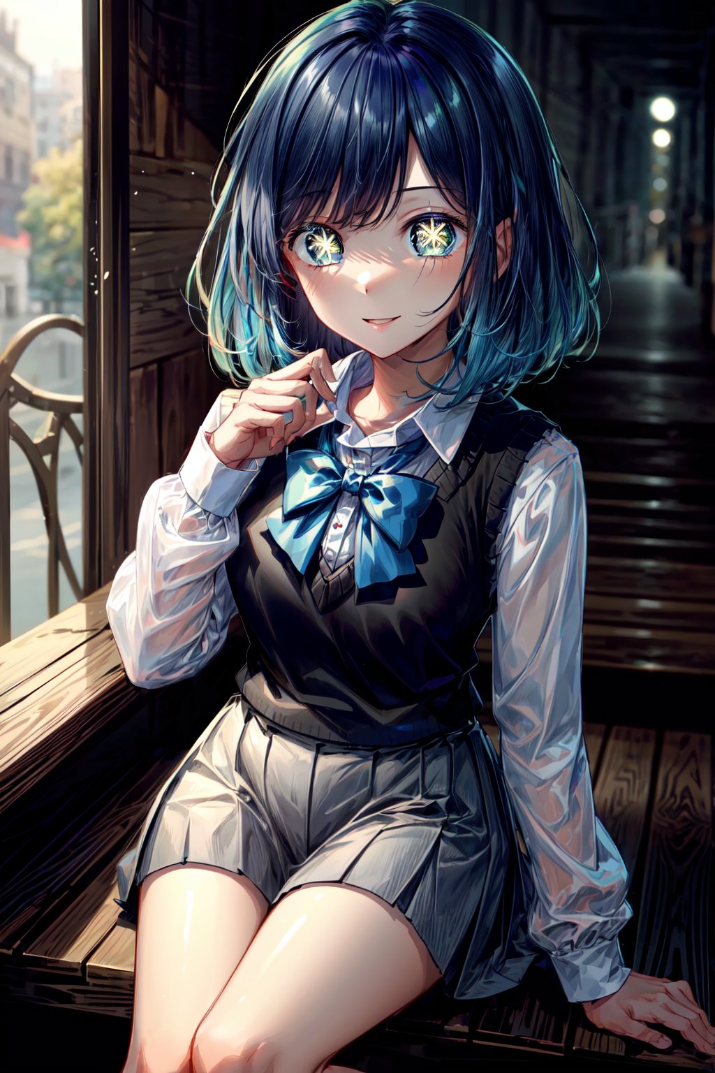 (best quality, masterpiece, ultra quality), cute girl, medium hair, straight hair, tall, tan skin, professional-looking, visible forehead, outdoors, bright sunlight, cute smile, ((hmakane, blue hair, short hair, gradient hair, medium breasts, blue bowtie, collared shirt, black vest, long sleeves, pleated skirt, grey skirt, symbol-shaped pupils)), beautiful figure, detailed face, detailed eyes, look at the camera, perfect lighting, UHD, line art, background detailed, intricate details, highly detailed, dynamic light, sitting